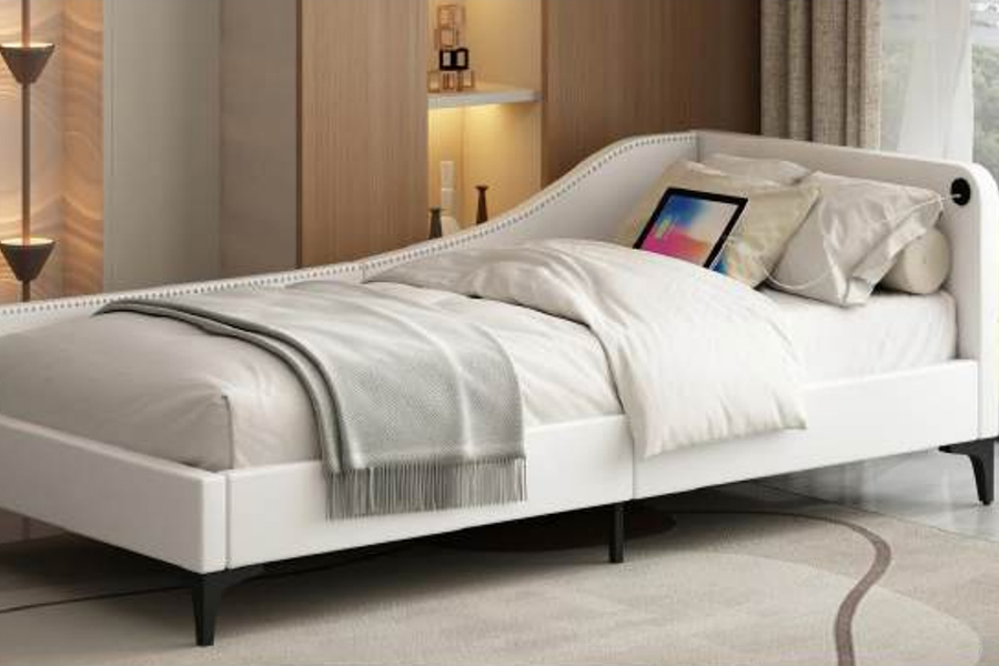 4546-3U USB gestoffeerd L-vormig lederen bedframe