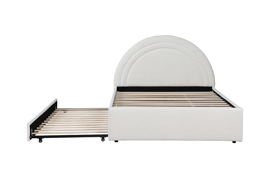 4542 Onderschuifbed, gestoffeerd, gebogen bedframe met opbergruimte
