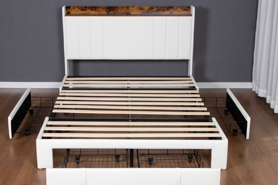 A002-1-3DU USB gestoffeerd bedframe met geïntegreerd hoofdeinde