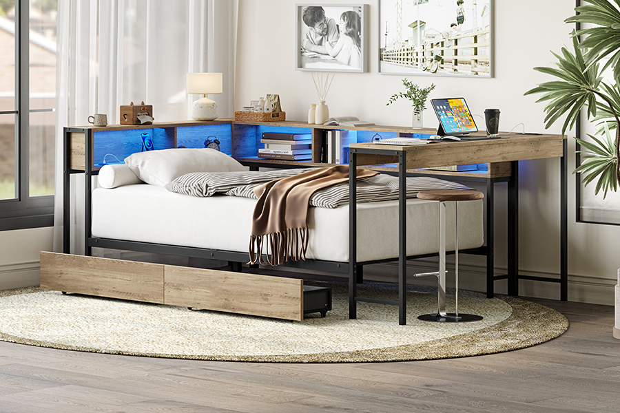 4599-1-3DU Metalen studiebedframe met L-vormig bureau