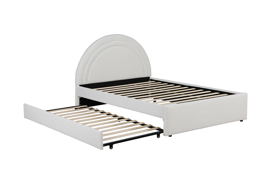 4542 Onderschuifbed, gestoffeerd, gebogen bedframe met opbergruimte