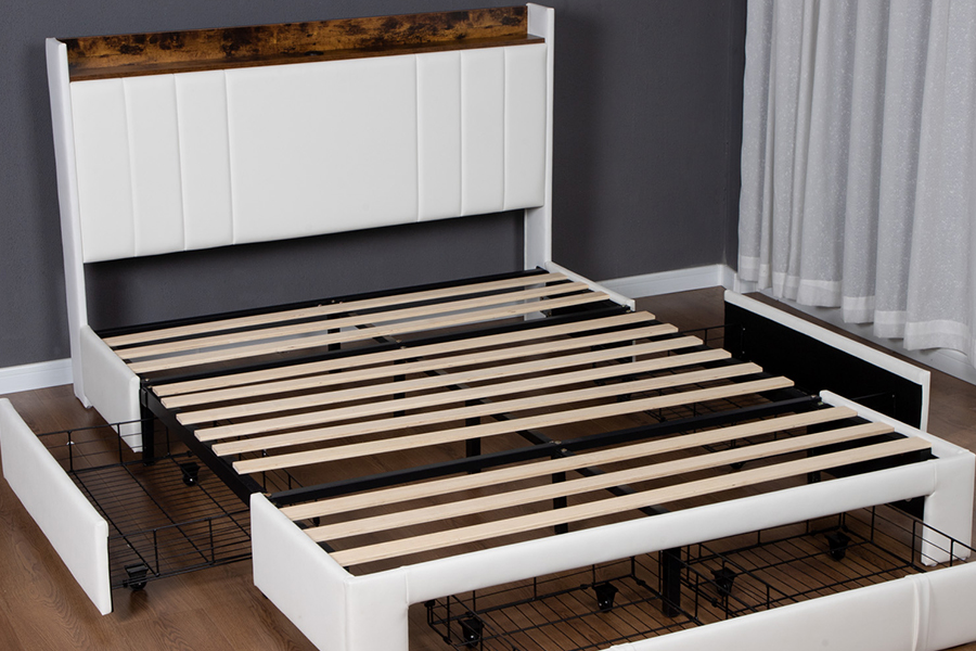 A002-1-3DU USB gestoffeerd bedframe met geïntegreerd hoofdeinde