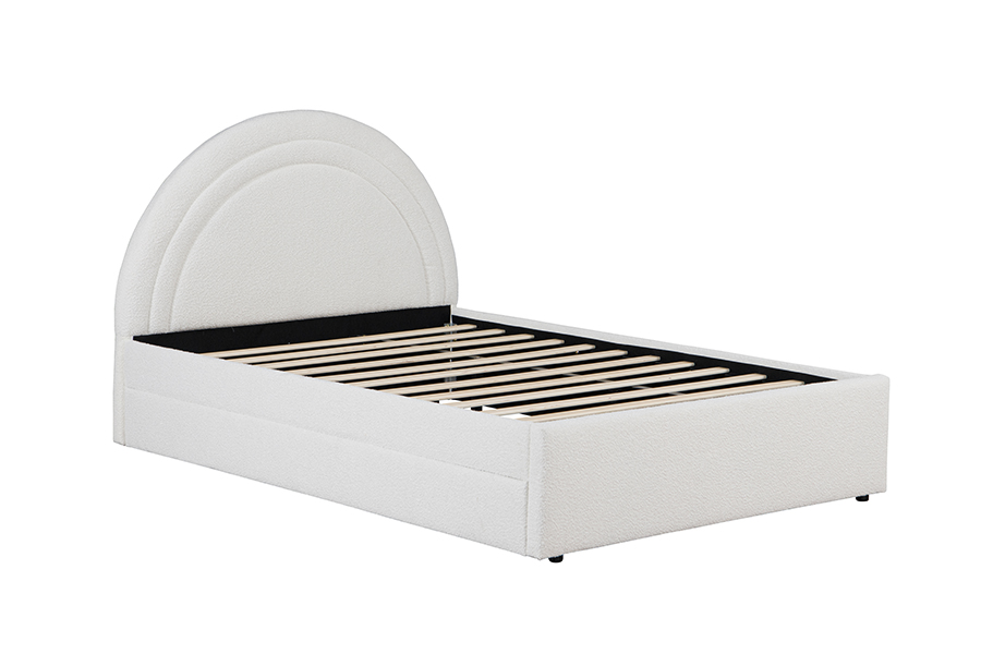 4542 Onderschuifbed, gestoffeerd, gebogen bedframe met opbergruimte