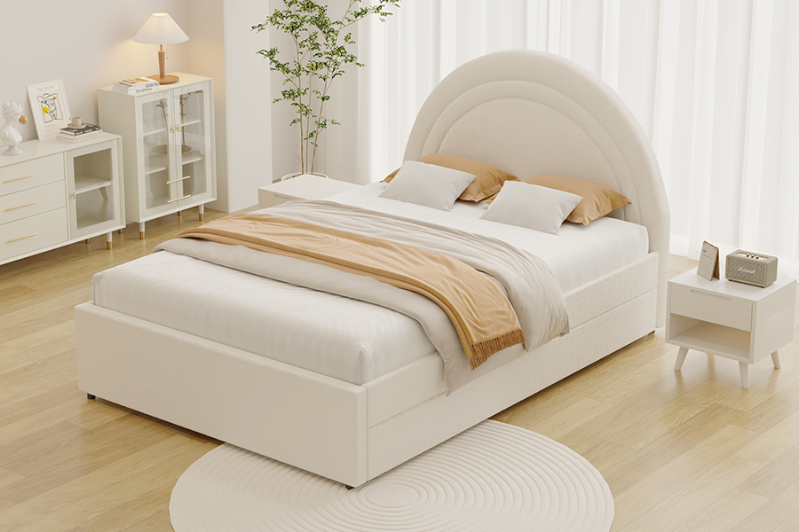 4542 Onderschuifbed, gestoffeerd, gebogen bedframe met opbergruimte