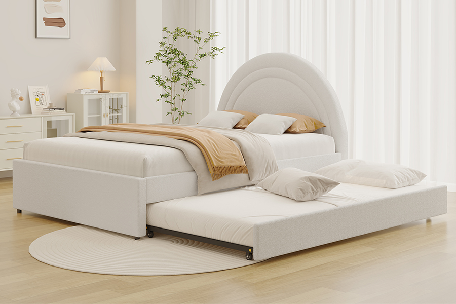 4542 Onderschuifbed, gestoffeerd, gebogen bedframe met opbergruimte