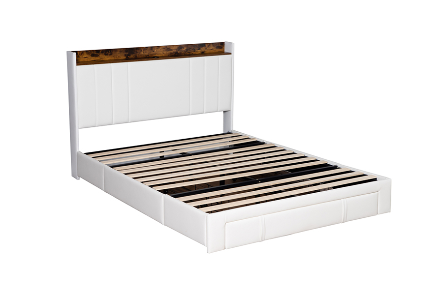 A002-1-3DU USB gestoffeerd bedframe met geïntegreerd hoofdeinde