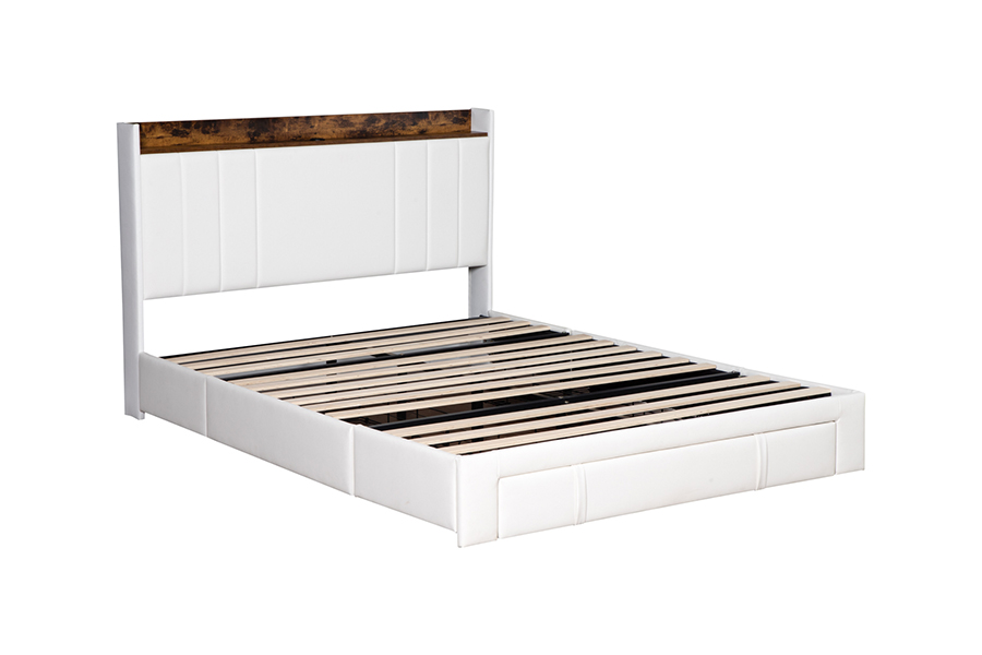 A002-1-3DU USB gestoffeerd bedframe met geïntegreerd hoofdeinde