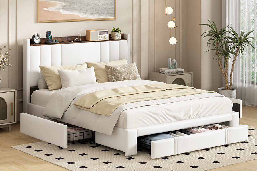 A002-1-3DU USB gestoffeerd bedframe met geïntegreerd hoofdeinde