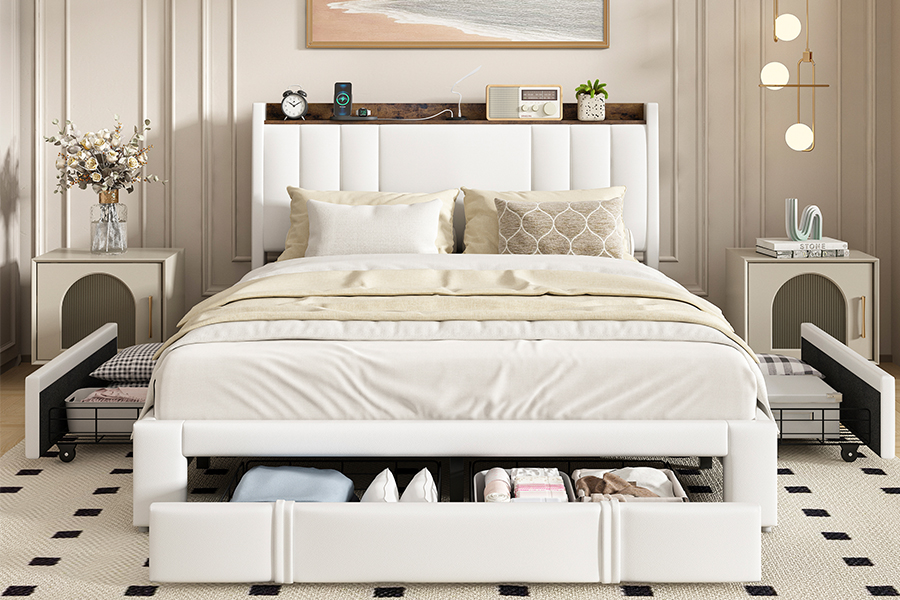 A002-1-3DU USB gestoffeerd bedframe met geïntegreerd hoofdeinde