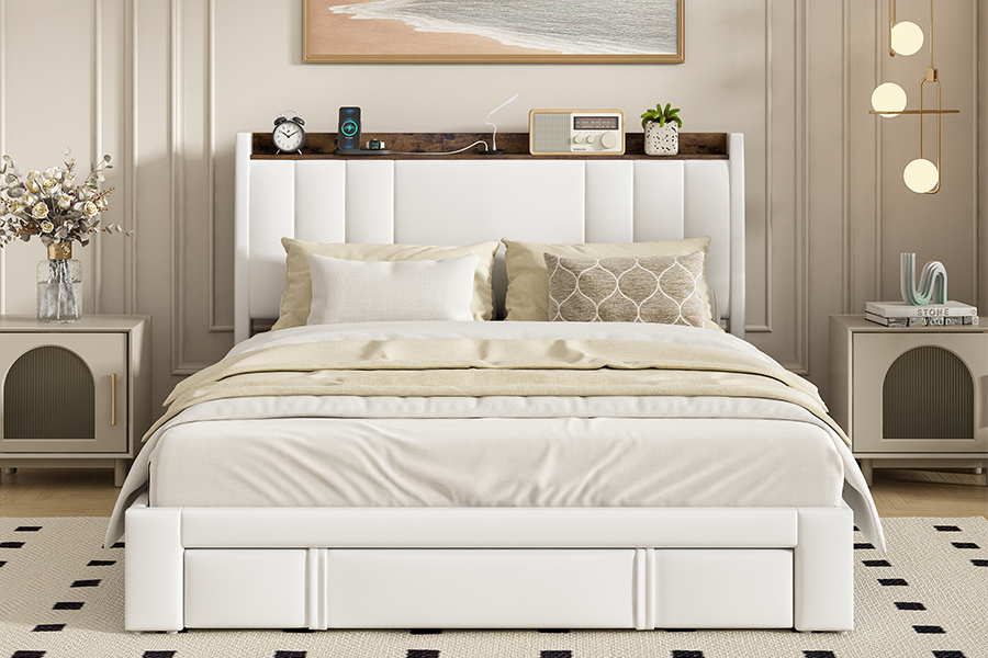 A002-1-3DU USB gestoffeerd bedframe met geïntegreerd hoofdeinde