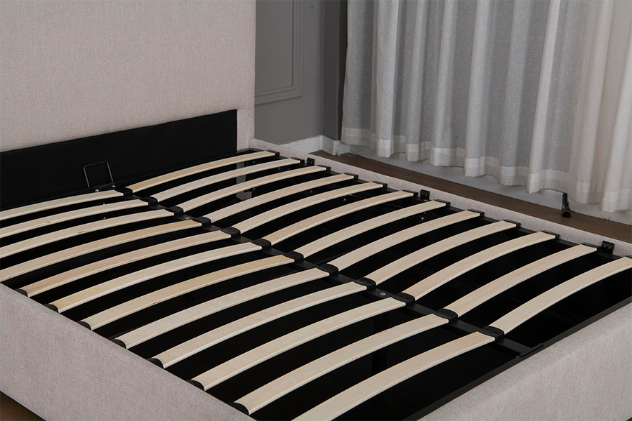 5017G Modern, met beige stof bekleed bedframe met hydraulische opbergruimte