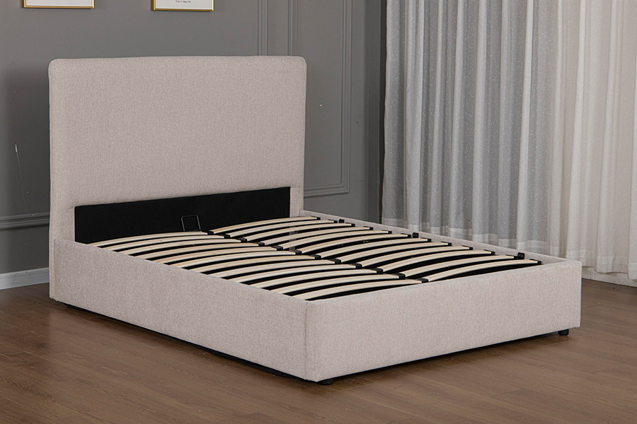 5017G Modern, met beige stof bekleed bedframe met hydraulische opbergruimte