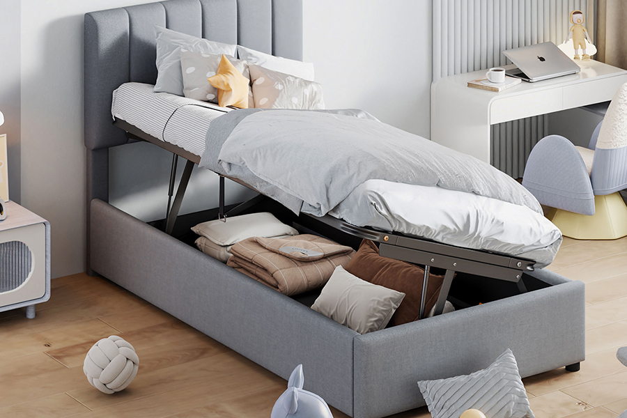 N16 Moderne grijze stof Opklapbare opbergfunctie Gestoffeerd bedframe met opbergruimte