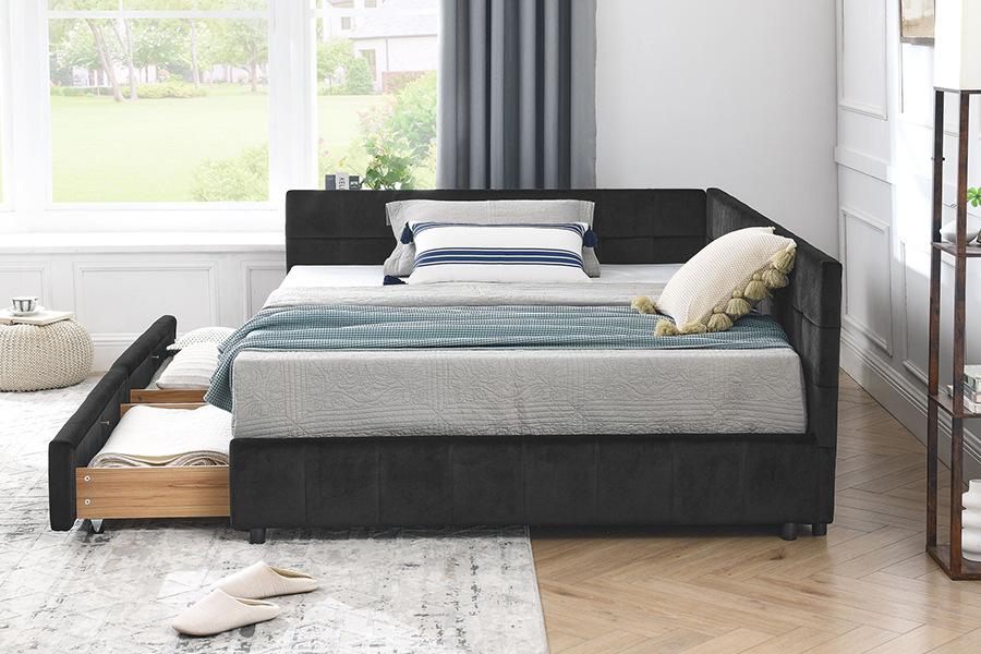 N14 L-vormig fluweel gestoffeerd Zeer verstelbaar gestoffeerd bedframe met opbergruimte