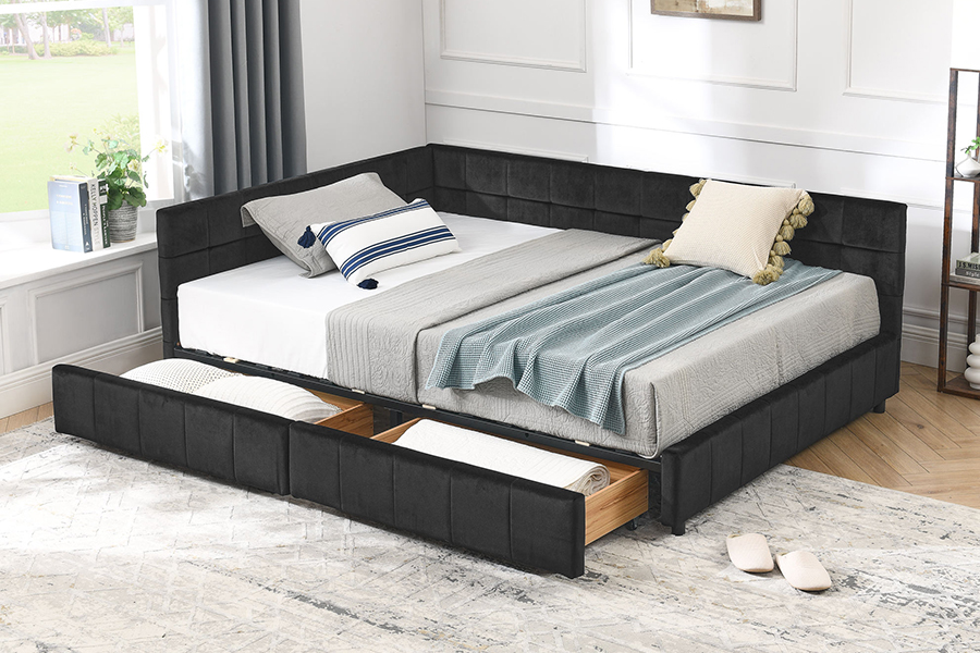 N14 L-vormig fluweel gestoffeerd Zeer verstelbaar gestoffeerd bedframe met opbergruimte