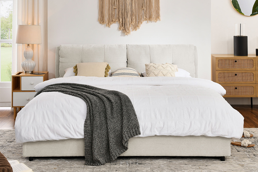 N10 Milieuvriendelijk en duurzaam gestoffeerd bedframe met opbergruimte
