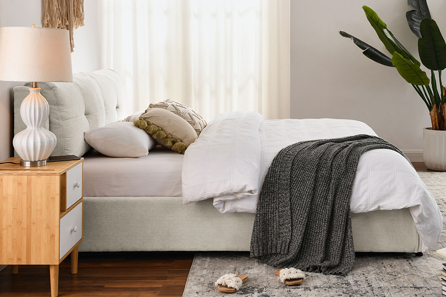 N10 Milieuvriendelijk en duurzaam gestoffeerd bedframe met opbergruimte