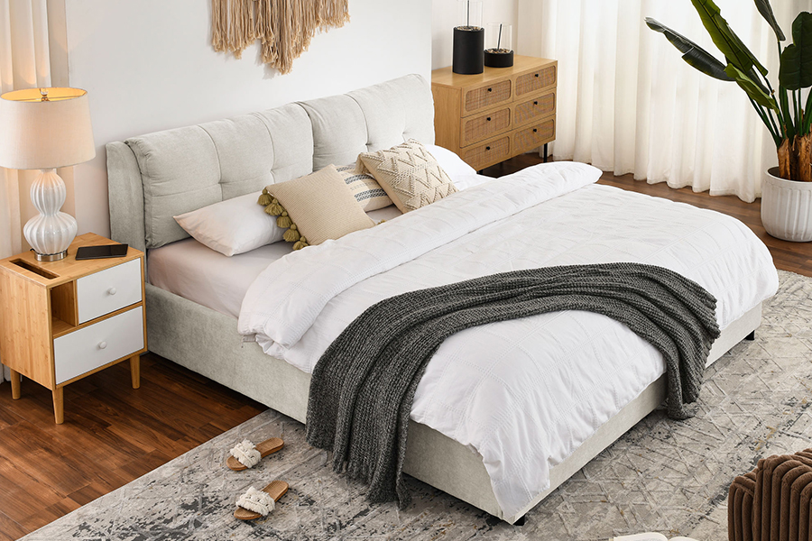 N10 Milieuvriendelijk en duurzaam gestoffeerd bedframe met opbergruimte