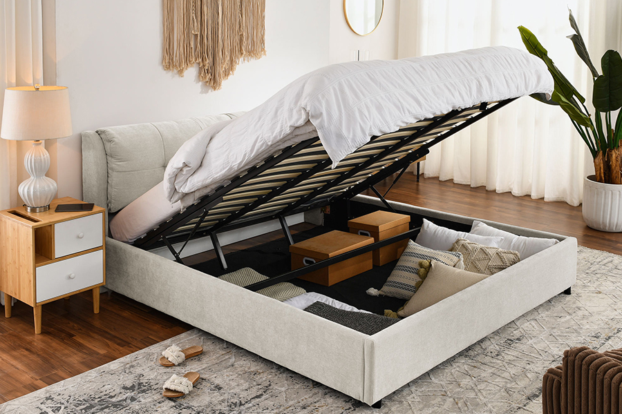 N10 Milieuvriendelijk en duurzaam gestoffeerd bedframe met opbergruimte