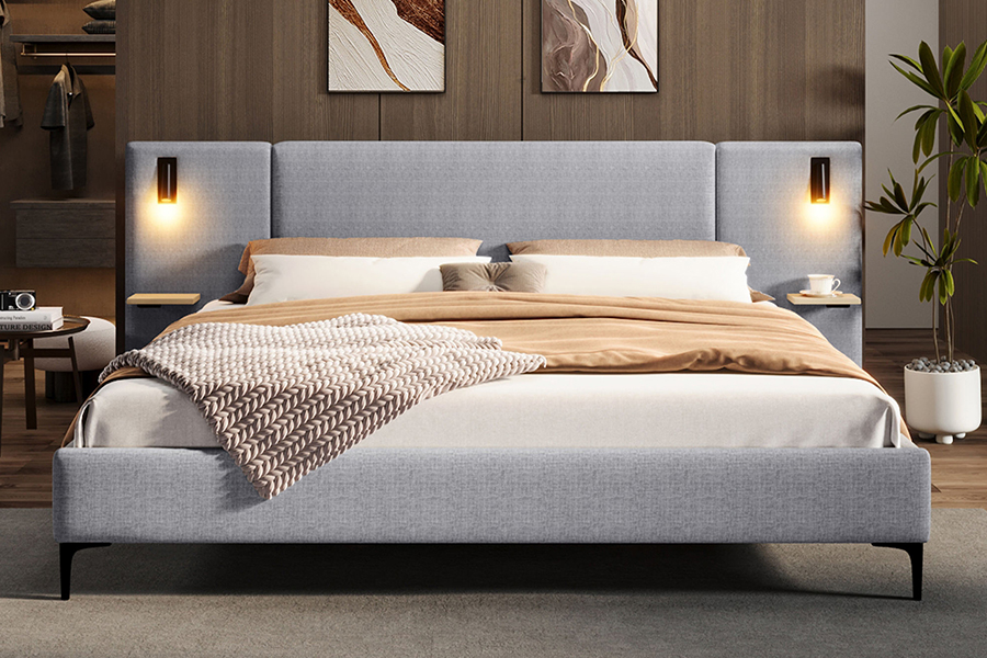 N1 Donkergrijs, duurzaam stof, stevig lattenbodem, gestoffeerd led-bedframe