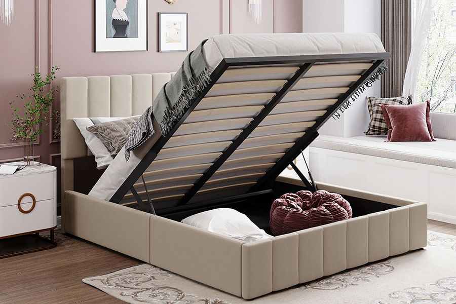 N19 Verticaal gestreept getuft hoofdeinde Gestoffeerde bedframes met opbergruimte