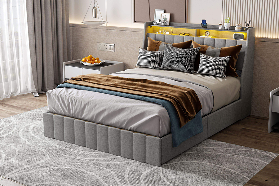 N2 grijs stoffen bed, milieuvriendelijke materialen, LED-gestoffeerd bedframe