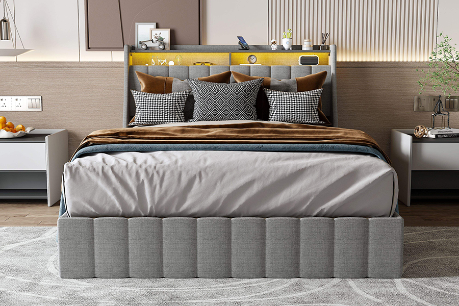 N2 grijs stoffen bed, milieuvriendelijke materialen, LED-gestoffeerd bedframe