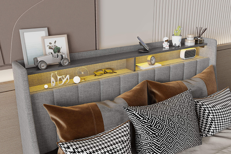 N2 grijs stoffen bed, milieuvriendelijke materialen, LED-gestoffeerd bedframe