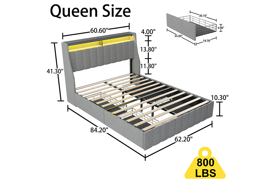 N2 grijs stoffen bed, milieuvriendelijke materialen, LED-gestoffeerd bedframe