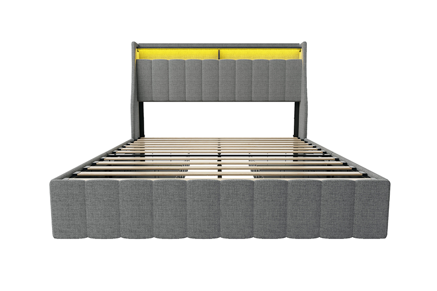 N2 grijs stoffen bed, milieuvriendelijke materialen, LED-gestoffeerd bedframe