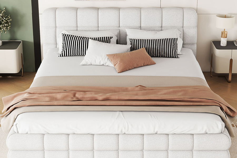 N20 pluche teddystof verstelbaar platformbed onderschuifbed gestoffeerd bedframe