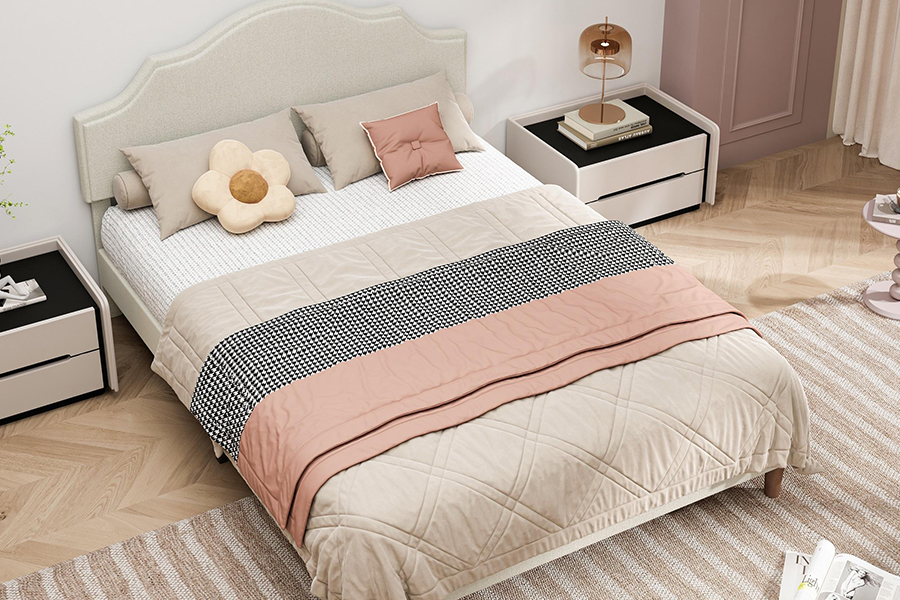 N21 Hoogwaardig beige stoffen queensize gestoffeerd bed