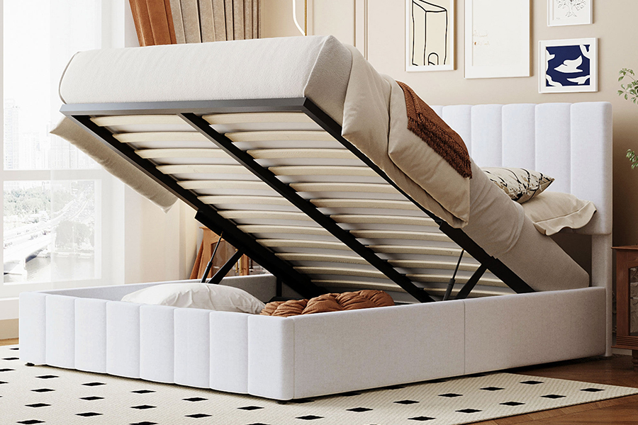 N5 Witte stof, milieuvriendelijk, duurzaam houten frame, gestoffeerde bedframes met opbergruimte