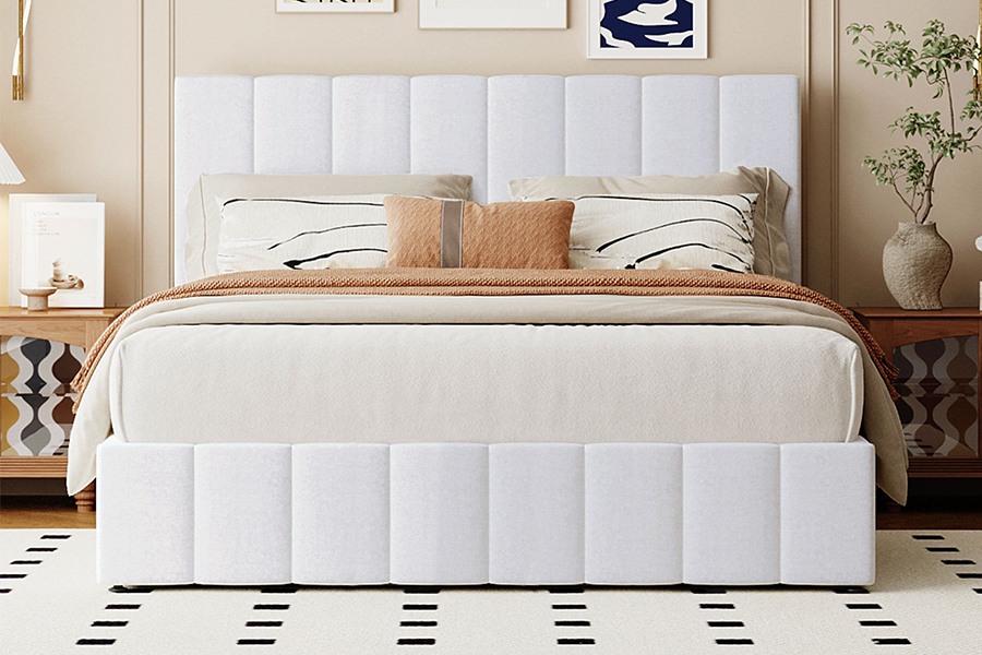 N5 Witte stof, milieuvriendelijk, duurzaam houten frame, gestoffeerde bedframes met opbergruimte