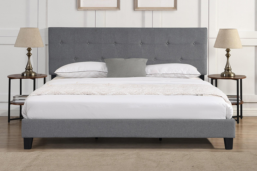 N7 gestoffeerd bed met gestoffeerd hoofdeinde van grijze stof
