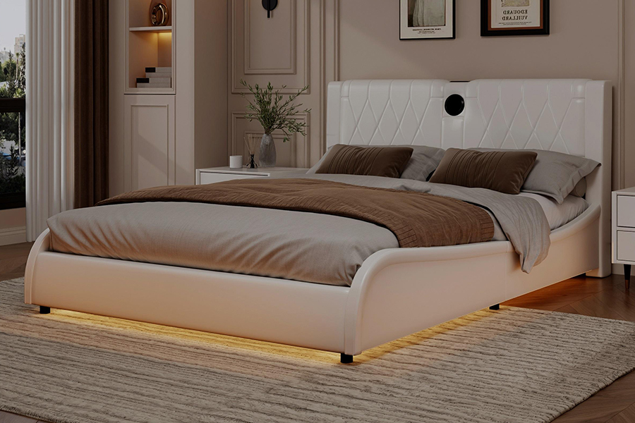 N8 Verstelbaar platformbed Modern wit zacht bed LED gestoffeerd bedframe