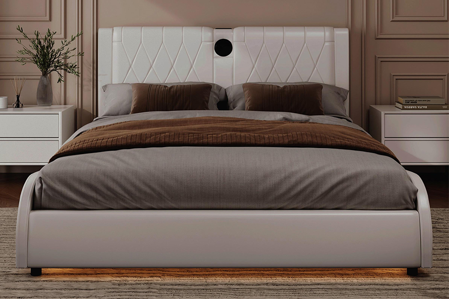 N8 Verstelbaar platformbed Modern wit zacht bed LED gestoffeerd bedframe