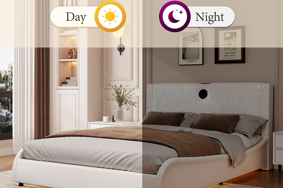 N8 Verstelbaar platformbed Modern wit zacht bed LED gestoffeerd bedframe
