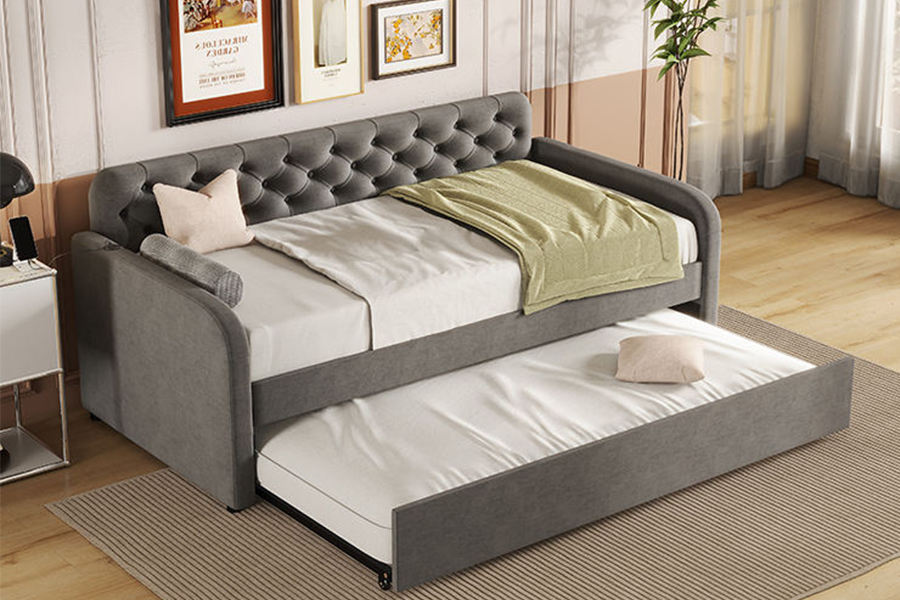 1323 Zacht en houten frame met onderschuifbed, gestoffeerd bedframe