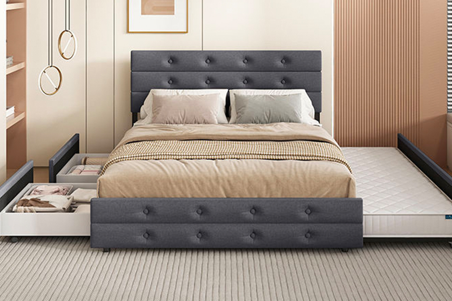 1323 Zacht en houten frame met onderschuifbed, gestoffeerd bedframe