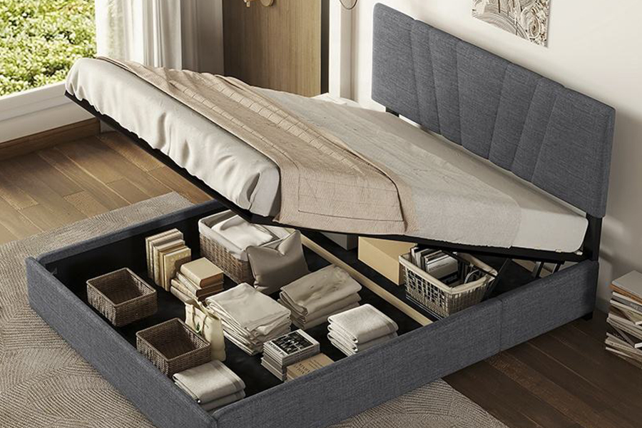 1307 Bruin getuft linnen bekleding Gestoffeerd bedframe met opbergruimte