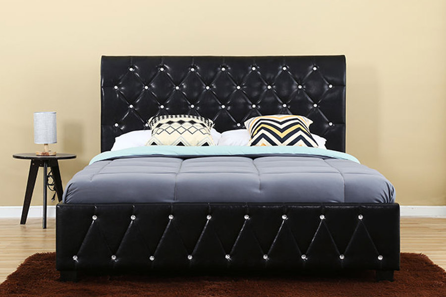 1367 Gestoffeerd bed met zwart leer, zacht Pu-hoofdeinde