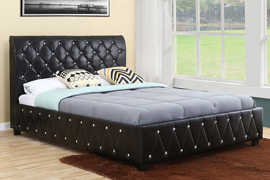 1367 Gestoffeerd bed met zwart leer, zacht Pu-hoofdeinde