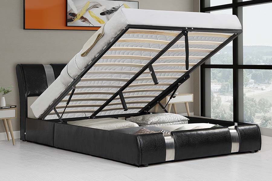 1715 Zacht kunstleer met houten frame, gestoffeerd bedframe met opbergruimte