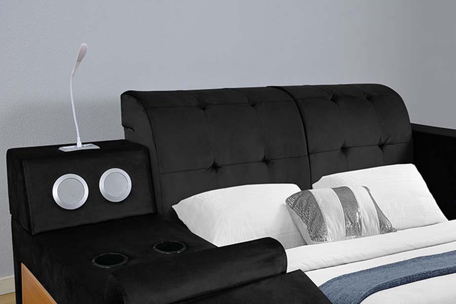 1550 Modern dubbel bed van leerstof met gestoffeerd bedframe met opbergruimte