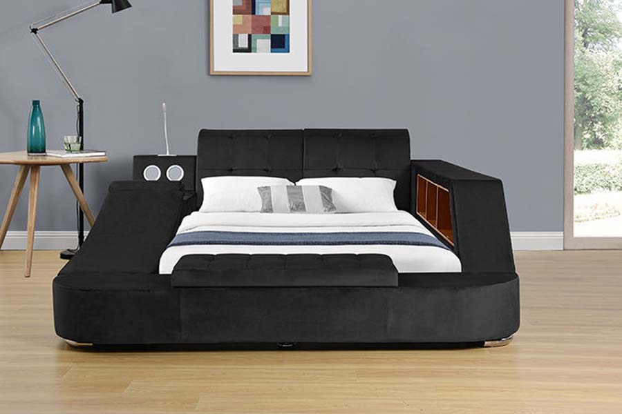 1550 Modern dubbel bed van leerstof met gestoffeerd bedframe met opbergruimte