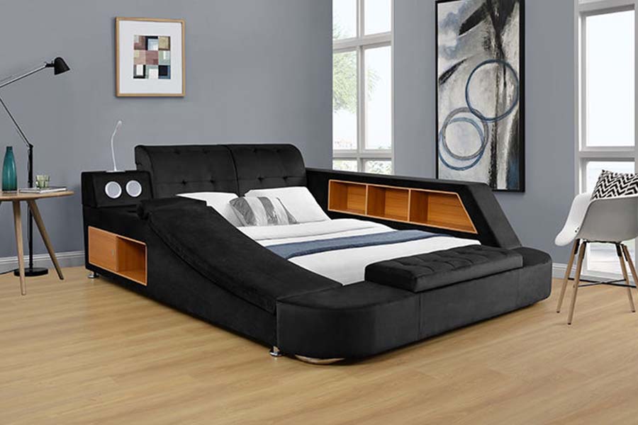1550 Modern dubbel bed van leerstof met gestoffeerd bedframe met opbergruimte