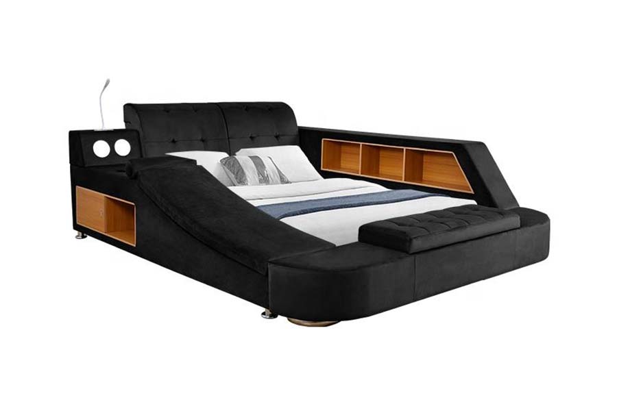 1550 Modern dubbel bed van leerstof met gestoffeerd bedframe met opbergruimte