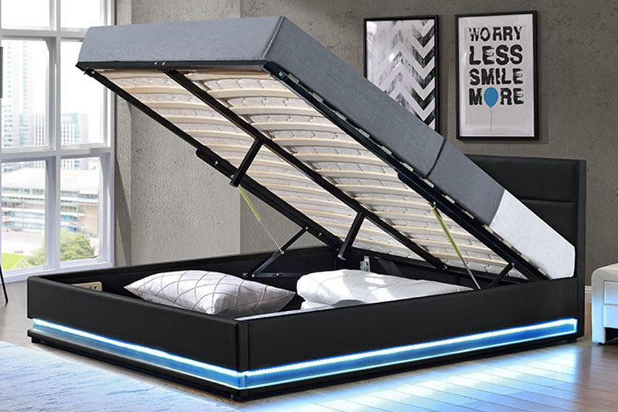 1165-1G Modern, luxe lederen opbergruimte, gestoffeerd LED-bedframe