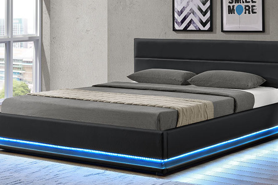 1165-1G Modern, luxe lederen opbergruimte, gestoffeerd LED-bedframe